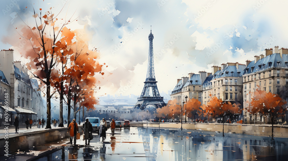 Fototapeta premium City View of Paris Harbor Watercolor Art Painting