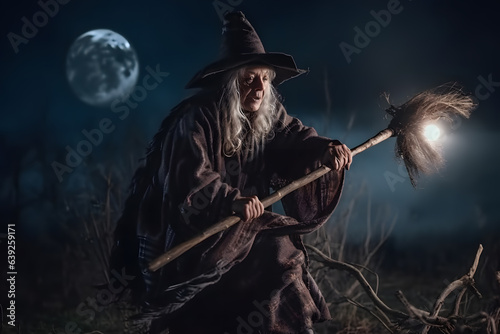 Fotótapéta An old and ugly witch with an evil flying fast on a broom outside at night while there is a full moon
