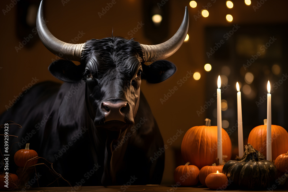 Naklejka premium Spooky portrait of a bull in a Halloween setup in studio, dramatic lighting. Created with generative AI