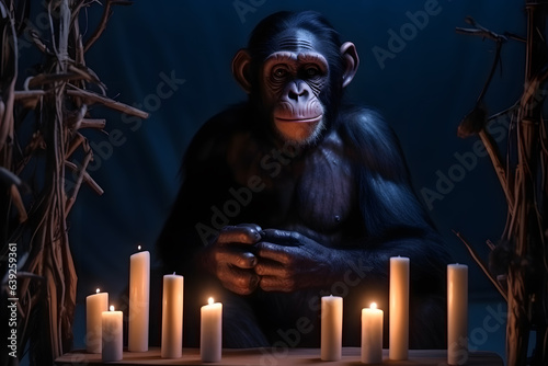 Spooky portrait of a chimpanzee in a Halloween setup in studio, dramatic lighting. Created with generative AI