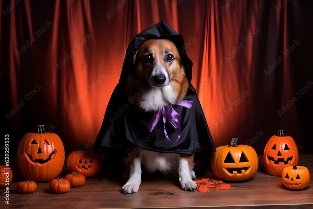 Spooky portrait of a Pembroke Welsh Corgi (dog) in a Halloween setup in studio, dramatic lighting. Created with generative AI