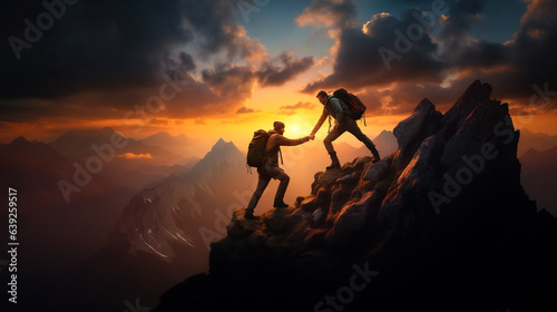friends helping each other on mountain to reach the top, Generative Ai illustration