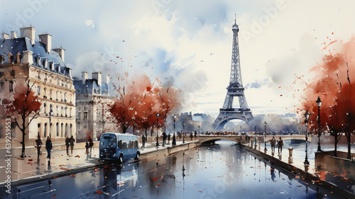 City View of Paris Harbor Watercolor Art Painting