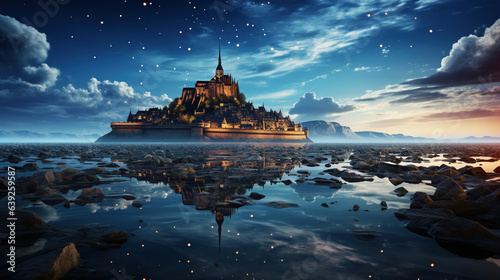 Fortstress Reflected in the High-Tide Waters Around Mont Saint-Michel