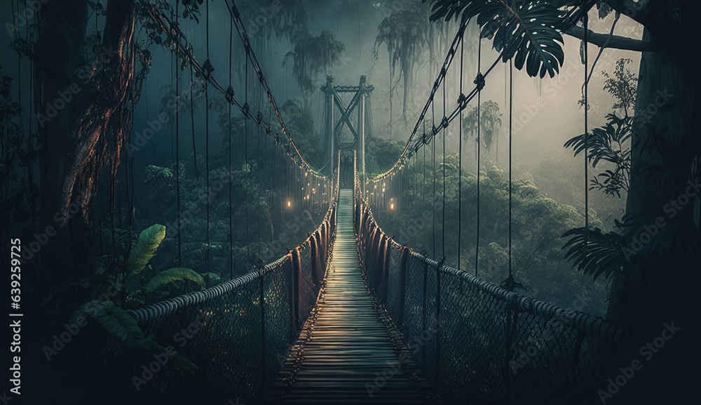 Fototapeta premium A Suspension Rope Bridge in The Misty Green Jungle