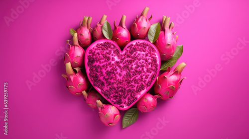 Generative AI  dragon fruit heart  pink juicy ripe pitahaya  exotic fruits  valentine  valentine s day card  carving  table decoration  space for text  top view