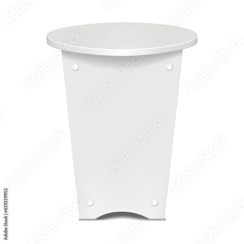Trade show round counter display stand realistic mock-up. Blank white cocktail table vector mockup. Template for design