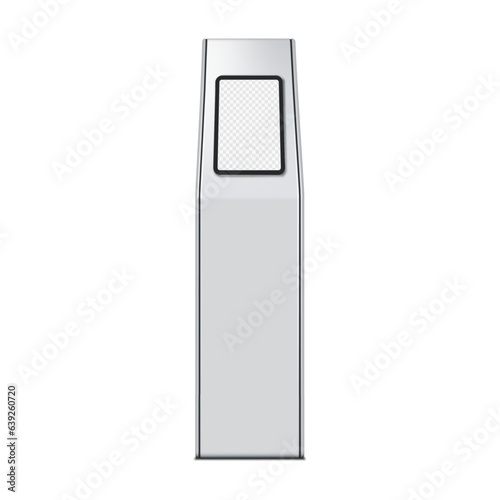 Exhibition tablet stand with transparent screen realistic mock-up. Blank digital display vector mockup. Template for design