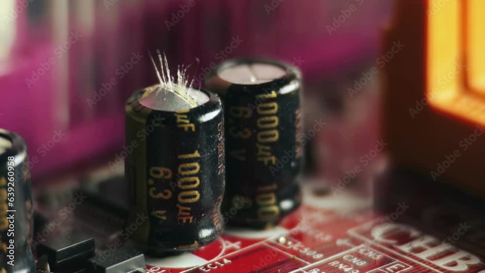 Capacitors explodes in slow motion. Electronics component footage 4K. Computer system malfunction. Overloading electronic parts.