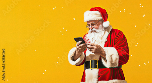 santa claus with smartphone on yellow background, christmas and new year banner template