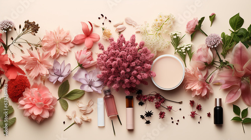   Top view of cosmetic products with ingredient plants  light pink background. Ultra-realistic Wide shot.