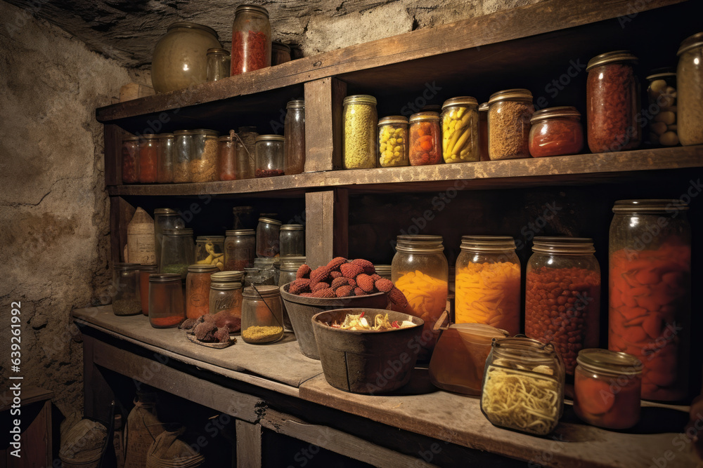 Dusty-covered jars lined up on shelves in a cellar, displaying an array of assorted preserves. Dusty-covered jars lined up on shelves in a cellar, displaying an array of assorted preserves.