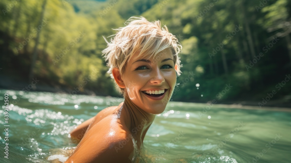 a joyful and attractive woman with blond short hair swimming in the lake