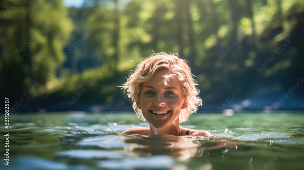 Fototapeta premium happy attractive girl with blond short hair swimming in the lake