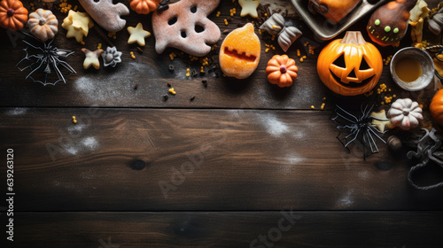 Halloween flat lay composition with pumpkins, spiders, bats on wooden background. Happy halloween banner mockup.
