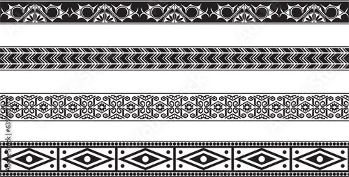 Vector set of seamless monochrome national native american ornaments. Endless ethnic black borders, frames of the peoples of America, Aztec, Maya, Incas. For sandblasting, plotter and laser cutting..