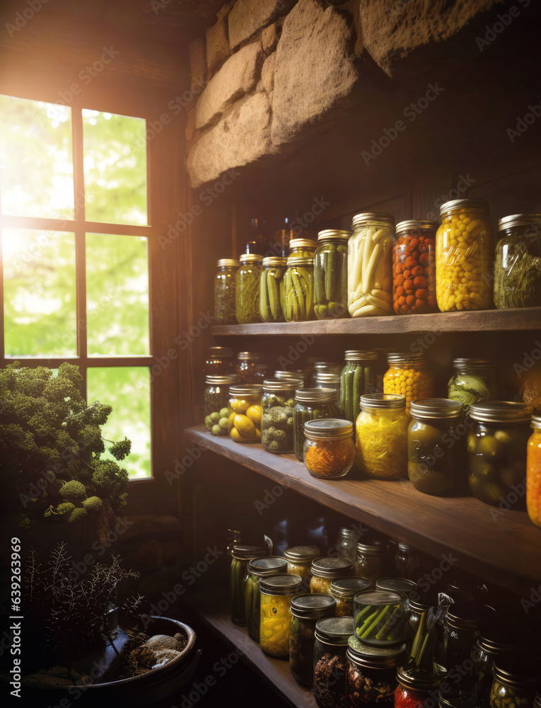 Φωτογραφία Jars prepared for the winter season, containing pickles, preserves, and various foods