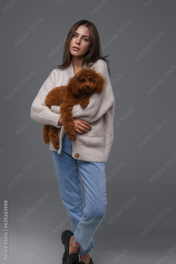 Full-length portrait of a captivating brunette in casual wear holding her brown toy poodle against a gray studio background