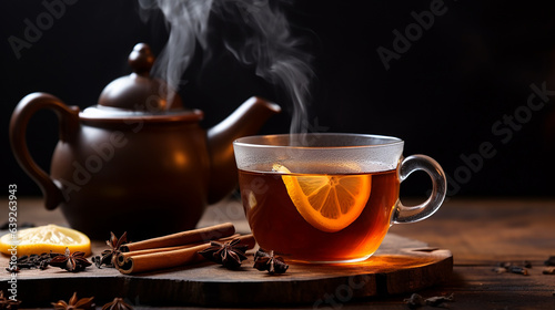 Hot steaming black tea in a cup on a rustic background.