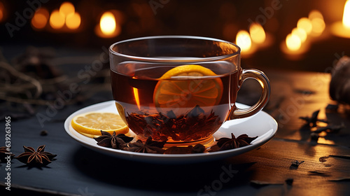 Hot steaming black tea in a cup on a rustic background. © Bhagi's DesignStudio