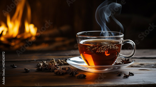 Hot steaming black tea in a cup on a rustic background.