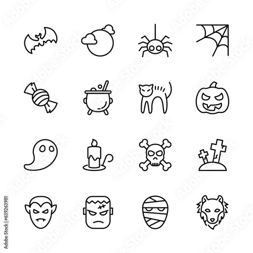 Halloween event thin line icons set, example sign of horror, pumpkin, ghost, skull, trick or treat. vector illustration