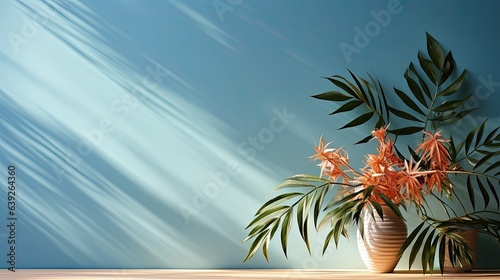 Plant leaves cast a blurry shadow on the white wall. Minimal abstract background for product presentation. Spring and summer.