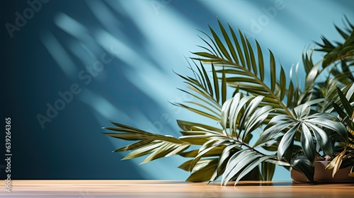 Plant leaves cast a blurry shadow on the white wall. Minimal abstract background for product presentation. Spring and summer.