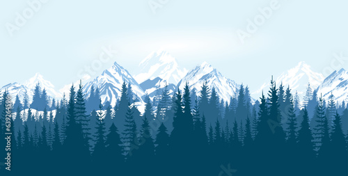 Editable, printable vector landscape illustrations of forest and snow mountains. 