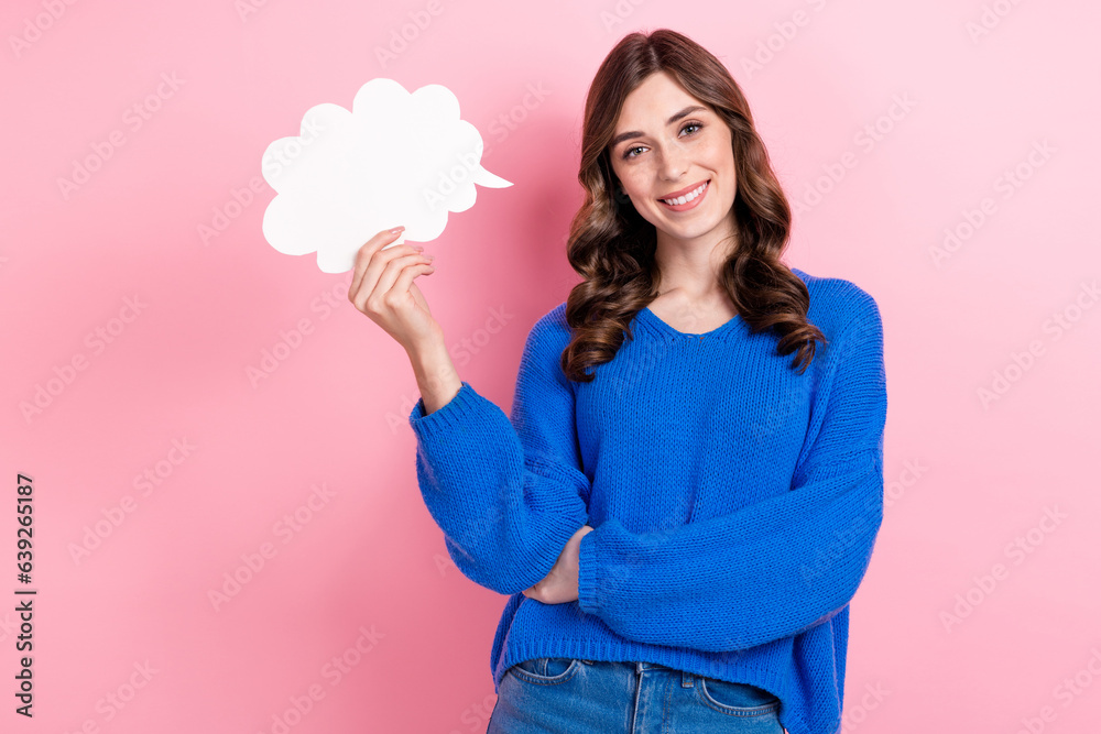 Photo portrait of lovely young lady holding paper cloud speaking have idea wear trendy blue garment isolated on pink color background Photo portrait of lovely young lady holding paper cloud speaking have idea wear trendy blue garment isolated on pink color background