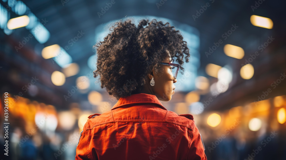 woman walking in the city steadicam shot. backside of business woman with bokeh light. business district background.. woman walking in the city steadicam shot. backside of business woman with bokeh light. business district background..
