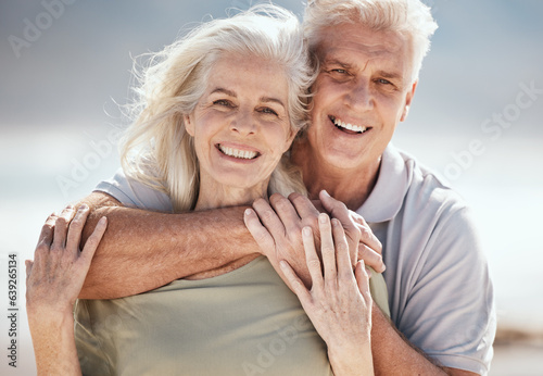 Beach portrait, hug and senior happy couple relax for outdoor wellness, nature freedom or travel holiday. Love, care and elderly woman, old man or marriage people hugging on romantic vacation date