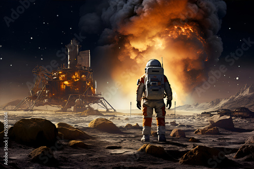 Fototapeta Naklejka Na Ścianę i Meble -  Astronaut walking on an far planet, space station and fire in horizon, back view