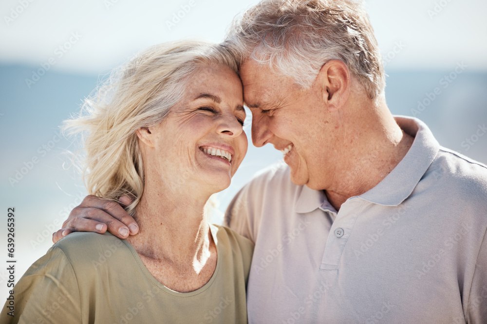 Senior couple, happy and outdoor at the beach with love, freedom and care on vacation. Face of a man and woman on retirement holiday, adventure and romantic trip in nature to relax and travel
