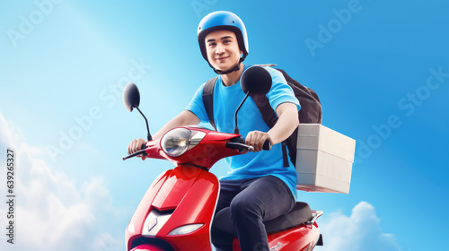 Young guy on a scooter delivers food to a customer through the air. Delivery concept.