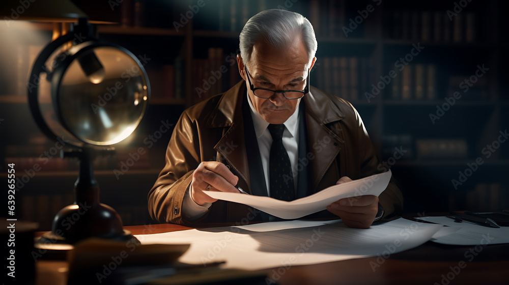 The detective goes through the evidence in his office. Created with Generative AI technology.