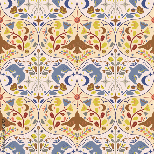 Folk seamless pattern. Nordic repeated design with geometric flowers, celestial elements, birds. Scandinavian folklore ornament background. Ethnic symmetric vector illustration for fabrics, wallpaper