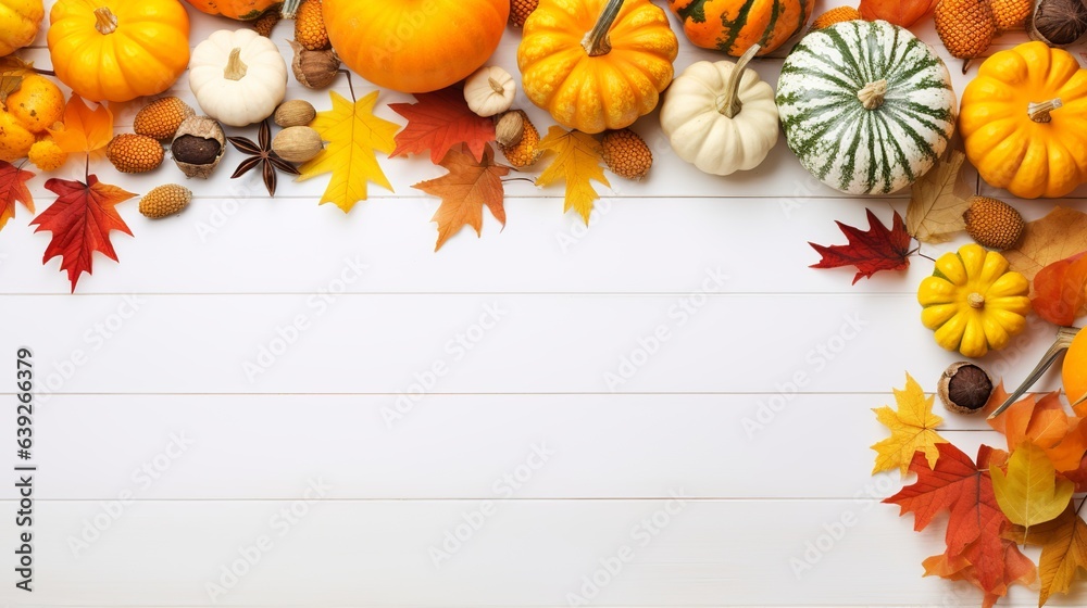 Autumn background with fall yellow maple leaves, and pumpkins, Mockup for seasonal offers and holiday post card, Generative AI