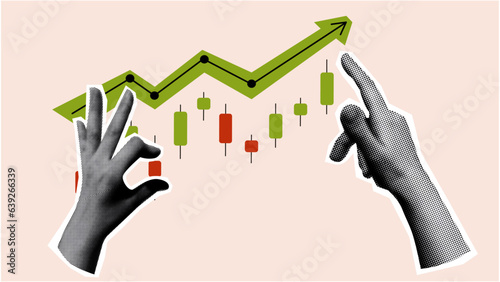 Halftone Hands manage the Japanese candles of the bitcoin cryptocurrency growth graph. stylish vector monochrome retro y2k banner