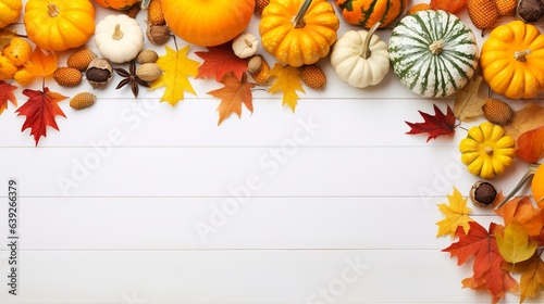 Autumn background with fall yellow maple leaves  and pumpkins  Mockup for seasonal offers and holiday post card  Generative AI