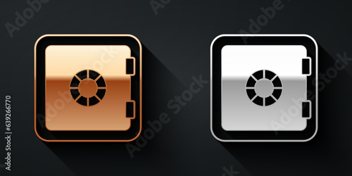 Gold and silver Safe icon isolated on black background. The door safe a bank vault with a combination lock. Reliable Data Protection. Long shadow style. Vector