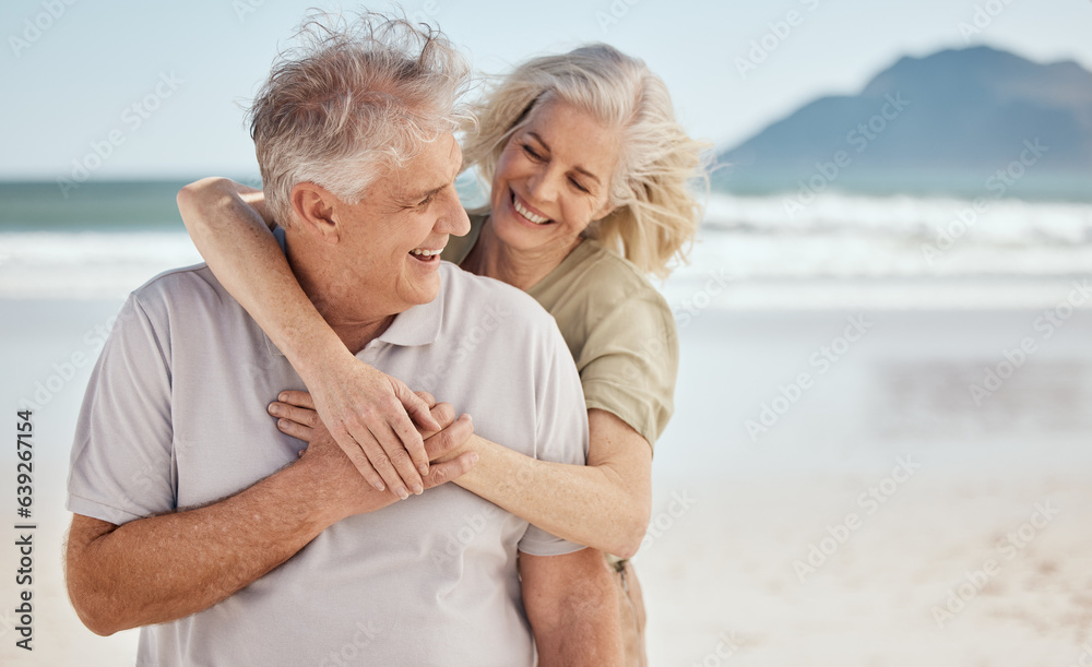 Hug, senior couple and outdoor at the beach with happiness, love and care on vacation. Man and woman on retirement holiday, adventure and romantic trip in nature to relax and travel with mockup Hug, senior couple and outdoor at the beach with happiness, love and care on vacation. Man and woman on retirement holiday, adventure and romantic trip in nature to relax and travel with mockup