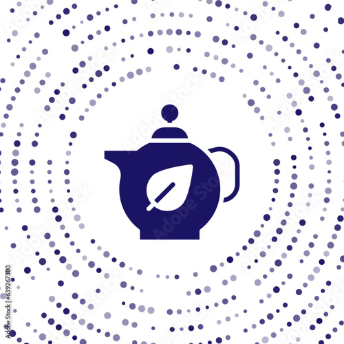 Blue Teapot with leaf icon isolated on white background. Abstract circle random dots. Vector