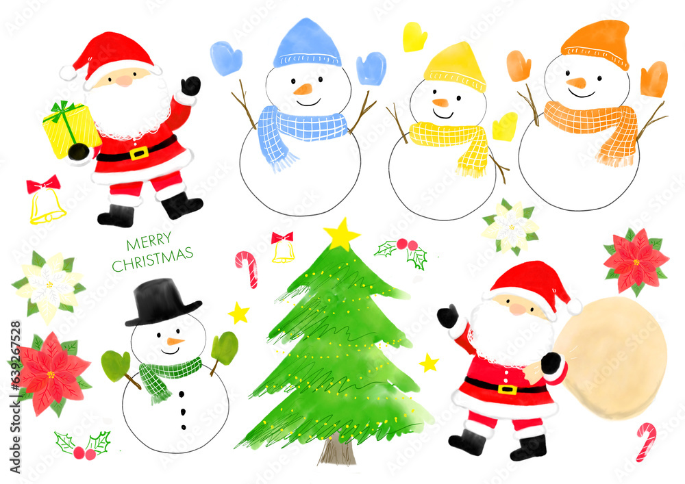 かわいいンタクロースと雪だるまの手描きイラスト　かわいいサンタクロースの手書きイラスト　絵本　ほのぼの　ほっこり　サンタ　クリスマス　クリスマスツリー　セット　手描き　白背景