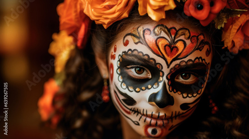 Portrait of a woman with sugar skull makeup for Mexico's Day of the Dead, Dia De Los Muertos. AI Generated.