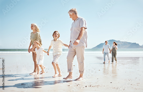 Grandparents, kids and holding hands on beach, family and parents with trust and support, tropical holiday and travel. Happiness, nature and sea with love and care, generations and people on vacation