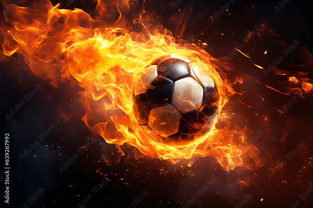 Naklejka premium Soccer or football ball with fire flying on dark background like a comet