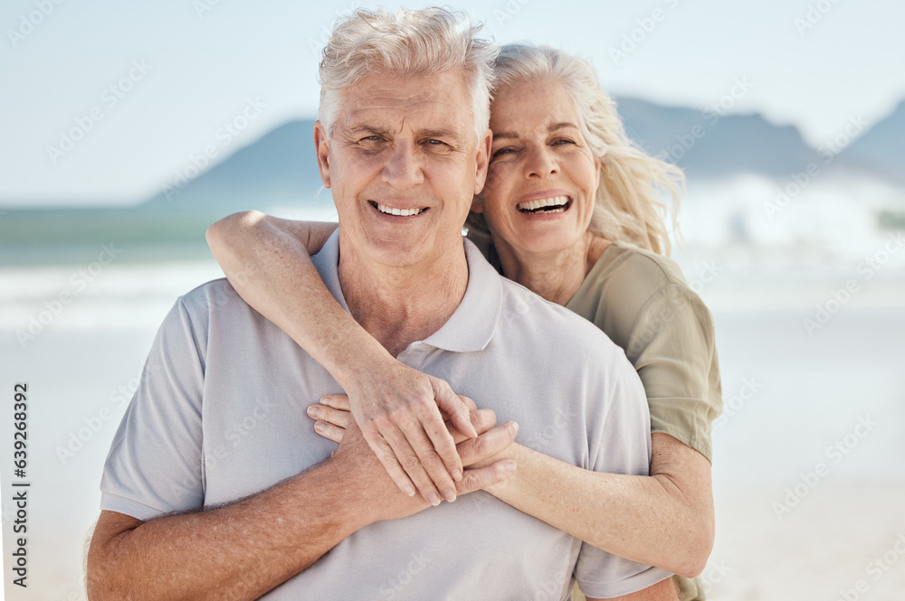 Hug, love and senior couple at the beach on a romantic vacation, adventure or weekend trip. Happy, smile and portrait of elderly woman and man in retirement embracing by ocean on holiday in Australia