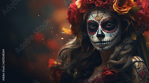 Portrait of a woman with sugar skull makeup for Mexico's Day of the Dead, Dia De Los Muertos. AI Generated. © ShniDesign
