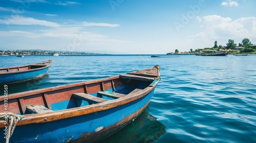 Rustic fishing boats lining the serene harbor waters © Halim Karya Art